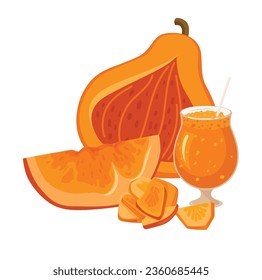 Conjunto vectorial de platos de calabaza y postres. zumo de calabaza recién exprimido
