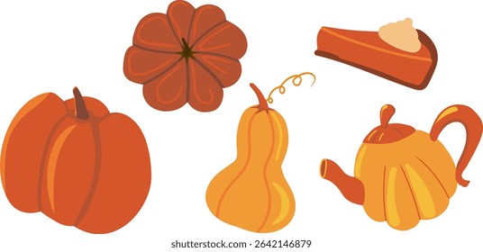 Vector set of pumpkin elements: various pumpkins, teapot, slice of pumpkin pie in warm orange and brown tones. Perfect for autumn decor, Thanksgiving and seasonal design, harvest illustrations.