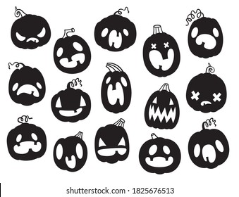 Vector set of pumpkin Emoji for Halloween. Funny, scared, angry pumpkins. Black and white isolates