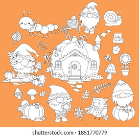 un conjunto vectorial de calabaza y gnomo en color blanco y negro