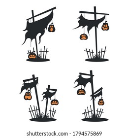 Vector Set of Pumpkin Lamp at the Wooden Posts in Halloween Night