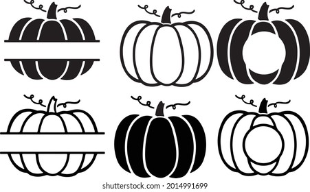 Vector Set of Pumpkins in Flat Style. A set of pumpkins in various shapes, black outlined. Vector collection of cute hand drawn pumpkins on white background. Design for the holiday Halloween.