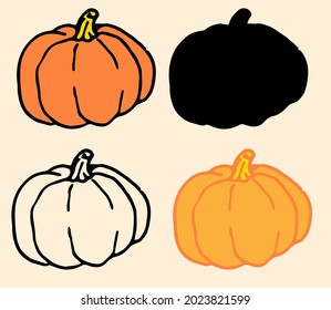 Conjunto vectorial de calabazas de color rojo-naranja.colección de una calabaza redonda de estilo doodle, contorno aislado y silueta negra sobre un fondo claro, vista lateral para una plantilla de diseño