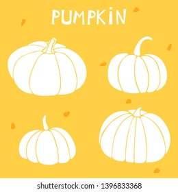 Vector set with pumpkins. White silhouette of gourd on an orange backdrop. 