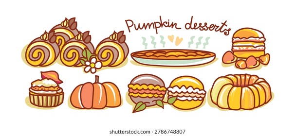 A vector set of pumpkin-themed sweets
in full color with outlines on a white background. Scales perfectly to both small and large sizes for creating your own designs: seasonal menus, Halloween, advertisements, packaging, signage, café decor, and other design projects.