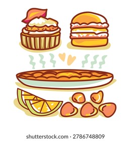 A vector set of pumpkin-themed sweets
in full color with outlines on a white background. Scales perfectly to both small and large sizes for creating your own designs: seasonal menus, Halloween, advertisements, packaging, signage, café decor, and other design projects.