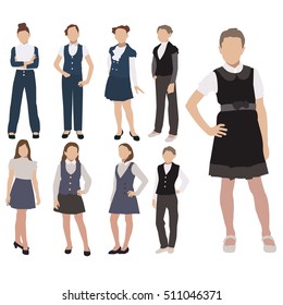 Vector Set Of Pupils Silhouette In School Uniform Isolated On White Background. Female School Dress Code Clothes