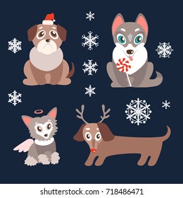 Vector set of puppies with christmas symbols. Cute dogs, best friends. Pug, husky, dachshund and Chinese Crested. Different breeds. Holiday characters.