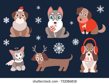 Vector set of puppies with christmas symbols. Cute dogs, best friends. Pug, husky, basset, retriever, dachshund and Chinese Crested. Different breeds. Holiday winter characters.