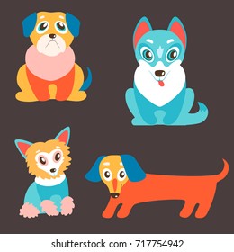 Vector set of puppies. Cute dogs, best friends. Pug, husky, dachshund and Chinese Crested. Different breeds. Lovely pets 