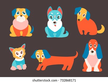 Vector set of puppies. Cute dogs, best friends. Pug, husky, dachshund, basset, retriever and Chinese Crested. Different breeds. Lovely pets 