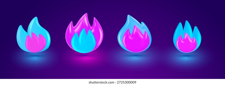 Vector set of purple and blue color glossy emoji fire. 3d style design of beautiful illustration of bonfire or campfire flame symbol. Collection of different burning flame of fire on dark background
