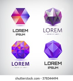 Vector set of purple crystal, faceted logos, 3d abstract logos, gem, jewelry logos, identity, icons