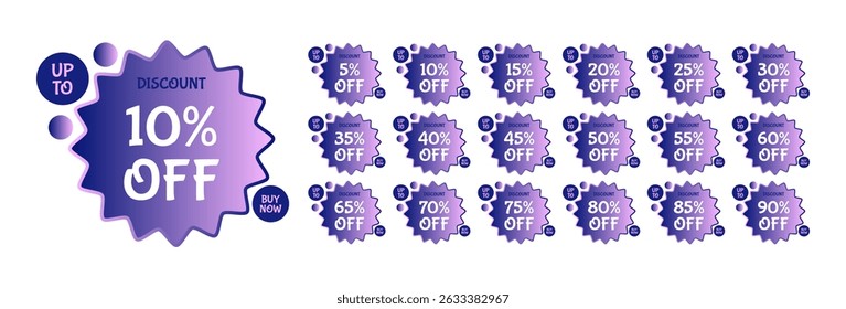 Conjunto de selos de desconto roxo com textos explicativos "Até X% Fora" e "Compre Agora", apresentando formas de gradiente starburst para promoções de 5% a 90% fora. Ideal para vendas e marketing.