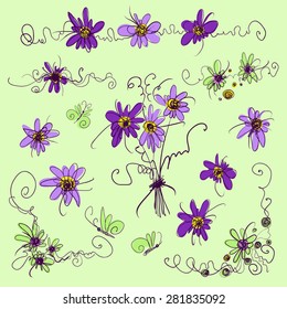 vector set with purple flowers and curls, floral elements