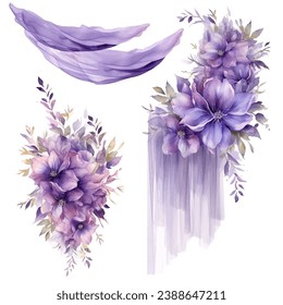Vector set of purple flowers and violet veil watercolor