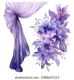 Vector set of purple flowers and violet veil watercolor