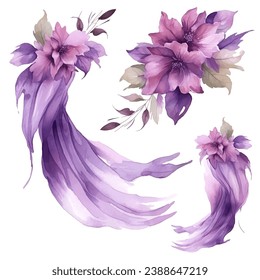 Vector set of purple flowers and violet veil watercolor