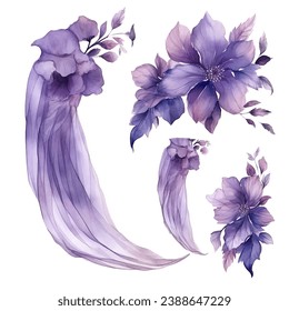 Vector set of purple flowers and violet veil watercolor