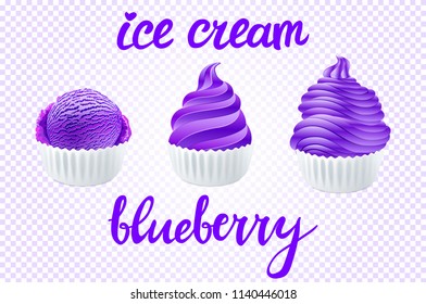 vector Set of purple ice cream with bluererry of violet different shapes in a cup on transparent background lettering hand made text art