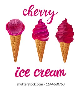 vector Set of purple ice cream cherry with of different shapes in a cup on transparent background lettering hand made text art