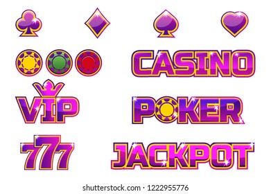 Vector set purple logo JACKPOT, POKER, 777, CASINO and VIP. Gold play chips
