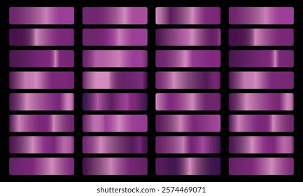 Vector set of purple metallic gradients, swatches collection, shiny gradient set on black background, metal texture
