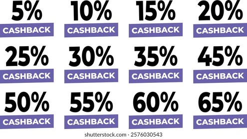 Vector set of purple sale icons 5,15,20,25,30,35,40,45,50,55,60,65% with cashback percentages. Vector set of sale tag icons. Sale offer price sign. Special offer symbol. Discount promotion.