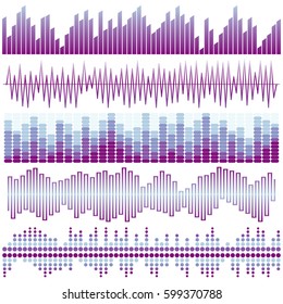 Vector set of purple sound waves. Audio equalizer. Sound & audio waves isolated on white background.