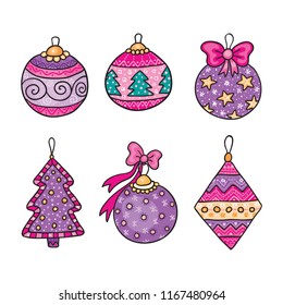Vector set of purple and violet christmas  ornaments illustrations. 