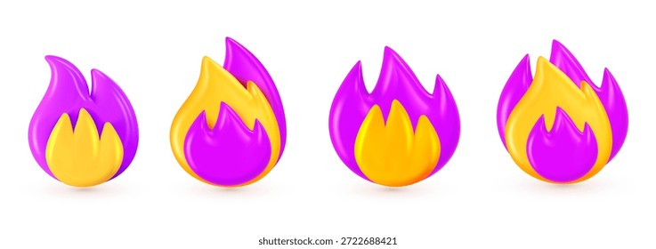 Vector set of purple and yellow color glossy emoji fire. Collection of different burning flame of fire on white background. 3d cartoon style design of illustration of bonfire or campfire flame symbol