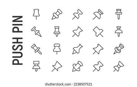 Vector set of push pin thin line icons. Design of 20 stroke pictograms. Signs of push pin isolated on a white background.