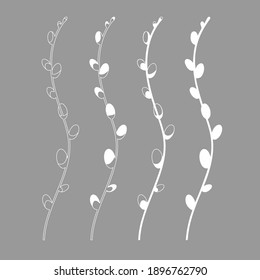 vector set of pussy willow branches for decoration. Twigs, outline white on gray background  set for Easter.