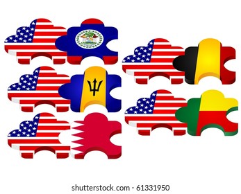 vector set of puzzles with national flags of USA, Belize, Belgium, Barbados, Bahrain, Benin,