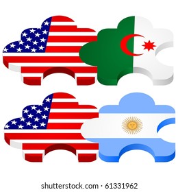 vector set of puzzles with national flags of USA, Argentina, Algeria