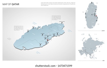 Vector set of Qatar country.  Isometric 3d map, Qatar map, Asia map - with region, state names and city names. 