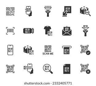 Vector set of QR code flat icons. Contains icons show code, scan me, barcode, scanner, package code, ticket, scanning process and more. Pixel perfect.