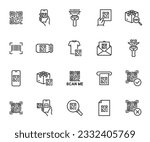 Vector set of QR code line icons. Contains icons show code, scan me, barcode, scanner, package code, ticket, scanning process and more. Pixel perfect.