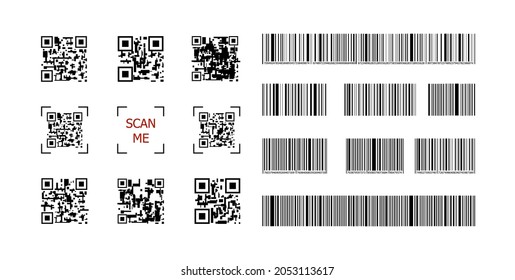 Conjunto de vectores de códigos QR, Escanearme, Códigos de barras Set de concepto de generador, Iconos negros aislados en fondo blanco.