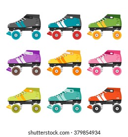 Vector set of quad roller skates. Illustration with colorful roller derby skates. Skating flat icons isolated on white background. Collection of retro roller skates. 