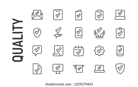 Vector set of quality thin line icons. Design of 20 stroke pictograms. Signs of quality isolated on a white background.