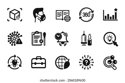 Vector set of Question mark, Nasal test and Chemistry lab icons simple set. Medical mask, Covid virus and Time management icons. Medical vaccination, Full rotation and Environment day signs. Vector