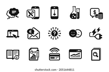 Vector set of Question mark, Website statistics and Search files icons simple set. Scroll down, Chemistry lab and Text message icons. Report document, Like and Coins signs. Vector