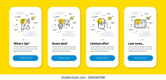 Vector set of Quick tips, Electronic thermometer and Health app line icons set. UI phone app screens with line icons. Safe box icon. Helpful tricks, Temperature scan, Medical application. Vector