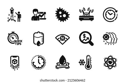 Vector set of Quick tips, Fireworks and Currency audit icons simple set. Atom, Time and Success business icons. Water splash, Time change and Employees teamwork signs. Vector