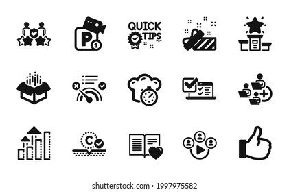 Vector set of Quick tips, Present and Parking security icons simple set. Love book, Analysis graph and Cooking timer icons. Security agency, Collagen skin and Like signs. Vector