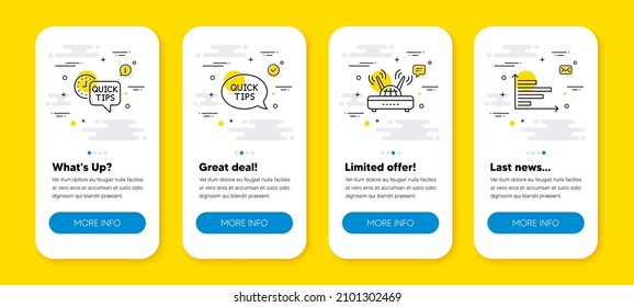 Vector set of Quick tips, Quickstart guide and Wifi line icons set. UI phone app screens with line icons. Horizontal chart icon. Helpful tricks, Internet router, Presentation graph. Vector