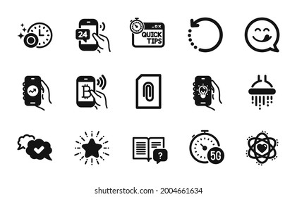 Vector set of Quick tips, Star and Recovery data icons simple set. Atom, 24h service and Bitcoin pay icons. Shower, Electric app and Financial app signs. Quick tips simple web symbol. Vector