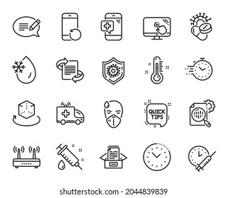 Vector set of Quick tips, Timer and Touch screen line icons set. Seo stats, Vaccination schedule and Medical syringe icons. Medical phone, Coronavirus pills and Ambulance car signs. Vector