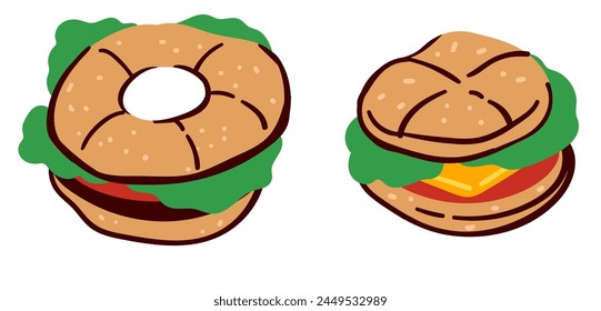 Vector conjunto de sándwiches de bagel peculiar, aislado en blanco, juguetón para blogs de comida y sitios culinarios.